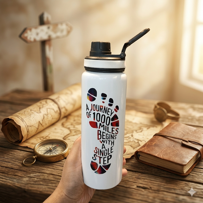 H2O 1 Litre Motivational Stainless Steel Water Bottle – “A Journey of 1000 Miles Begins With a Single Step”