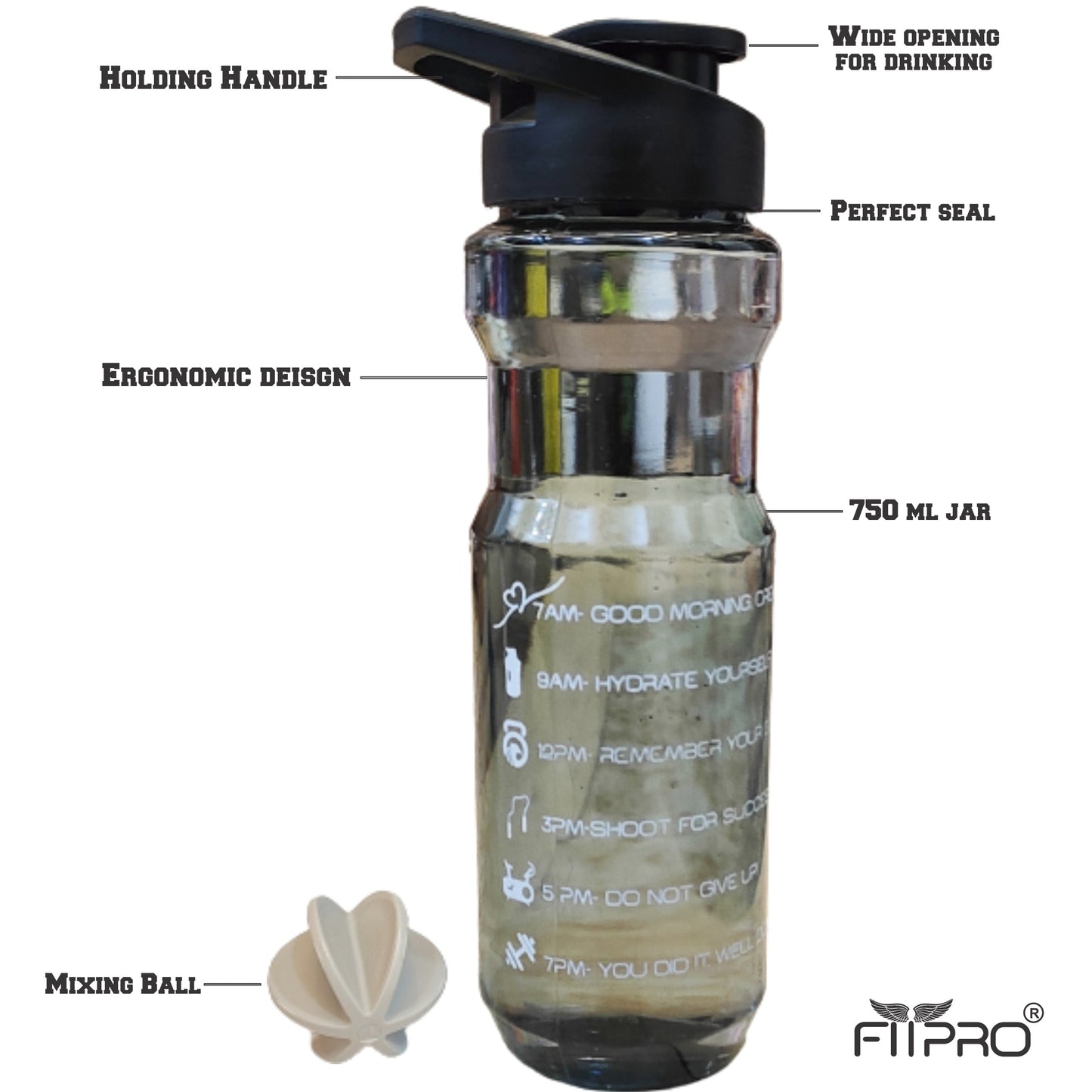 Aqua 750ml Shaker Bottle with Flip Top Cap, Mixing Ball