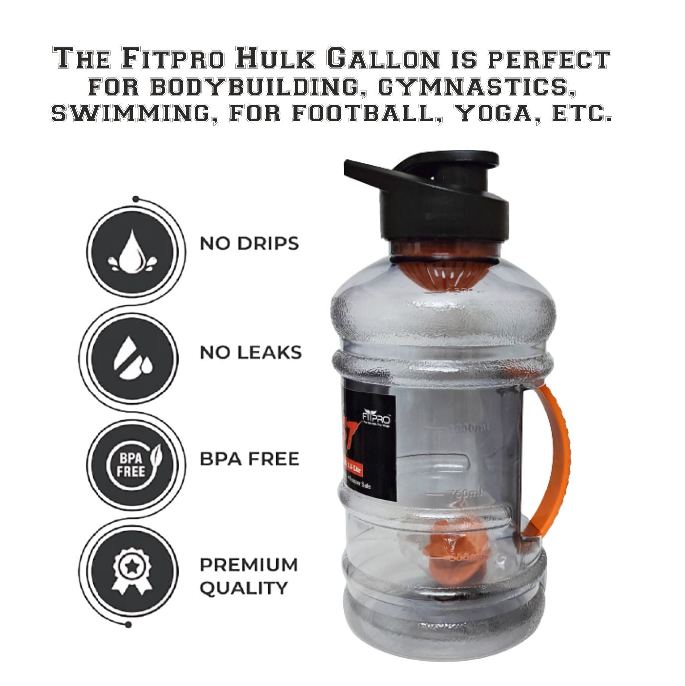 Hulk Sports Gallon Water Bottle 1500ml - Flip Top Cap with Mixing Ball