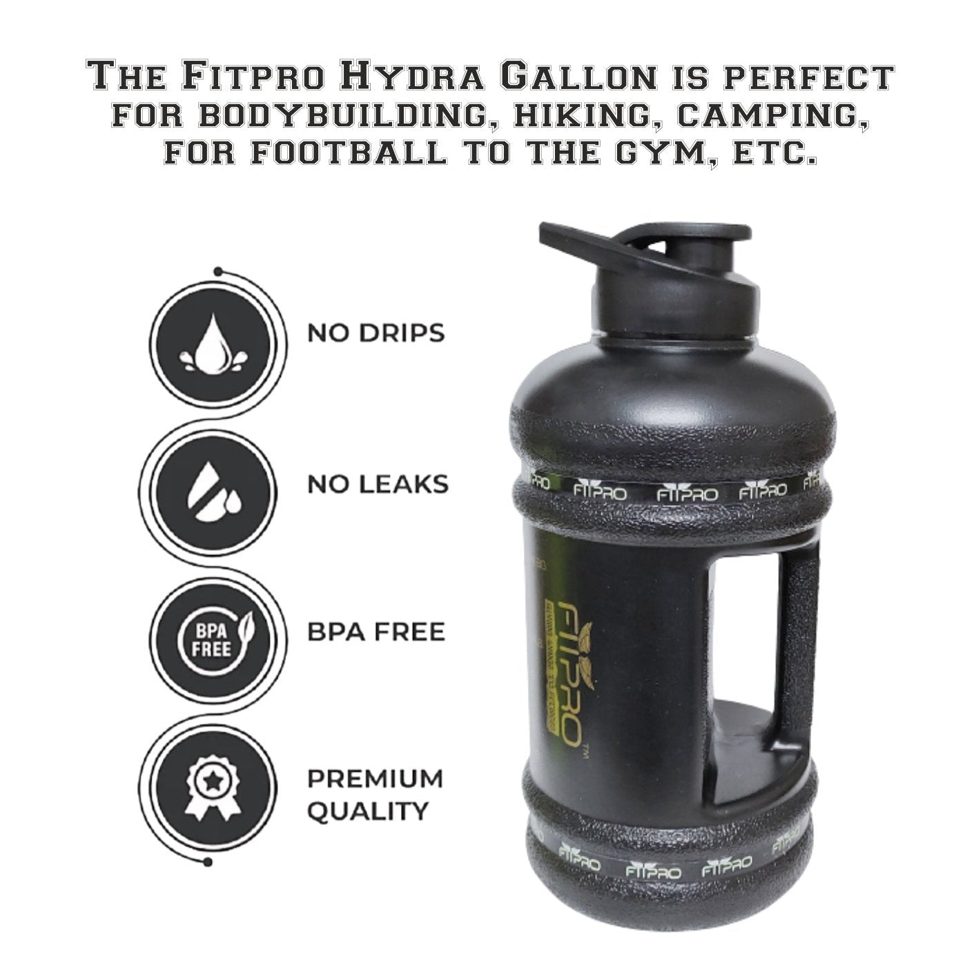 Hydra 2.2L Gym Gallon Bottle – BPA-Free, Leak-Proof Black Water Bottle