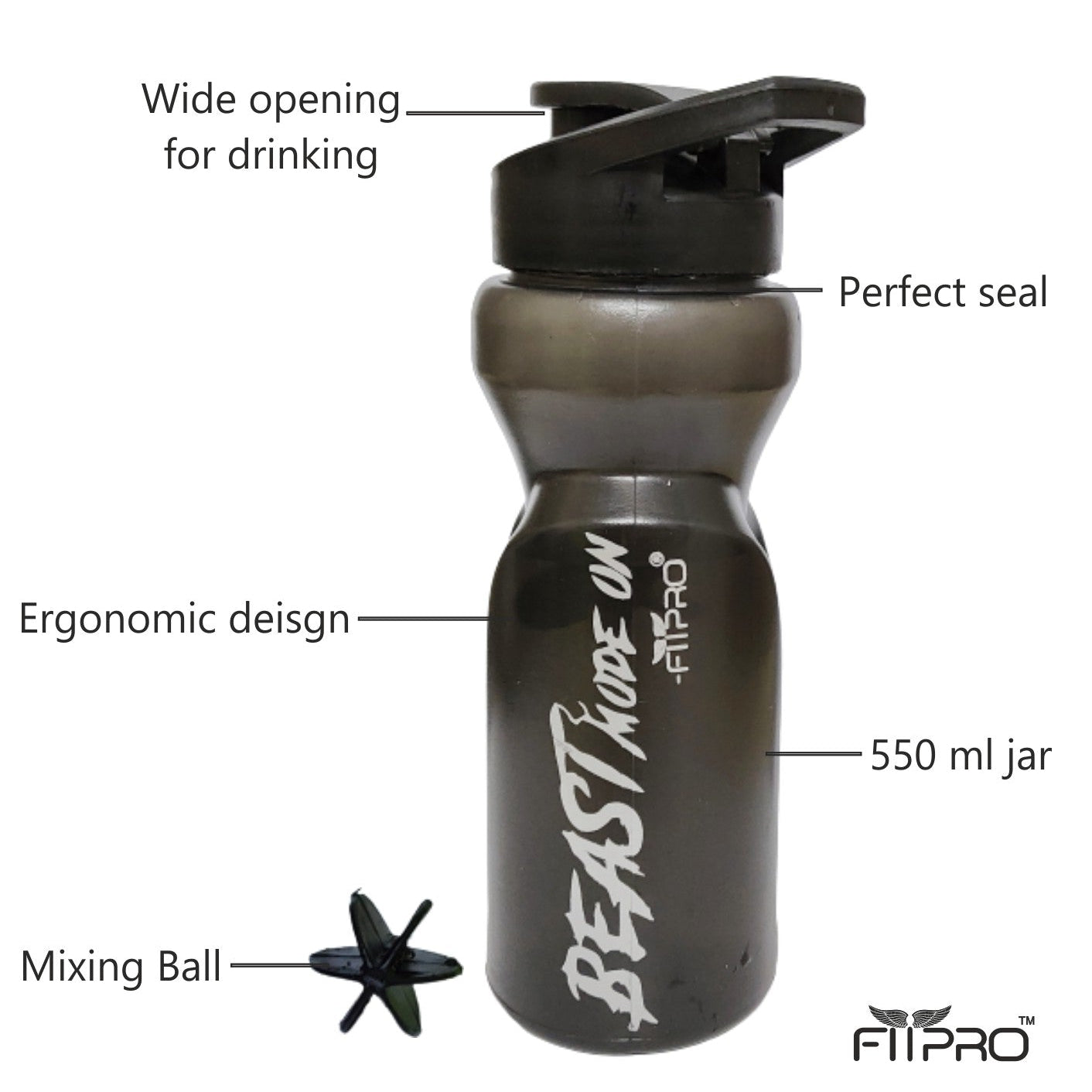 Ivory Sipper Bottle 600ml – Transparent Gym & Cycling Bottle with Black Cap & Mixing Ball