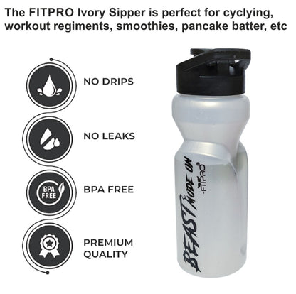 Ivory Sipper Bottle 600ml – Transparent Gym & Cycling Bottle with Black Cap & Mixing Ball