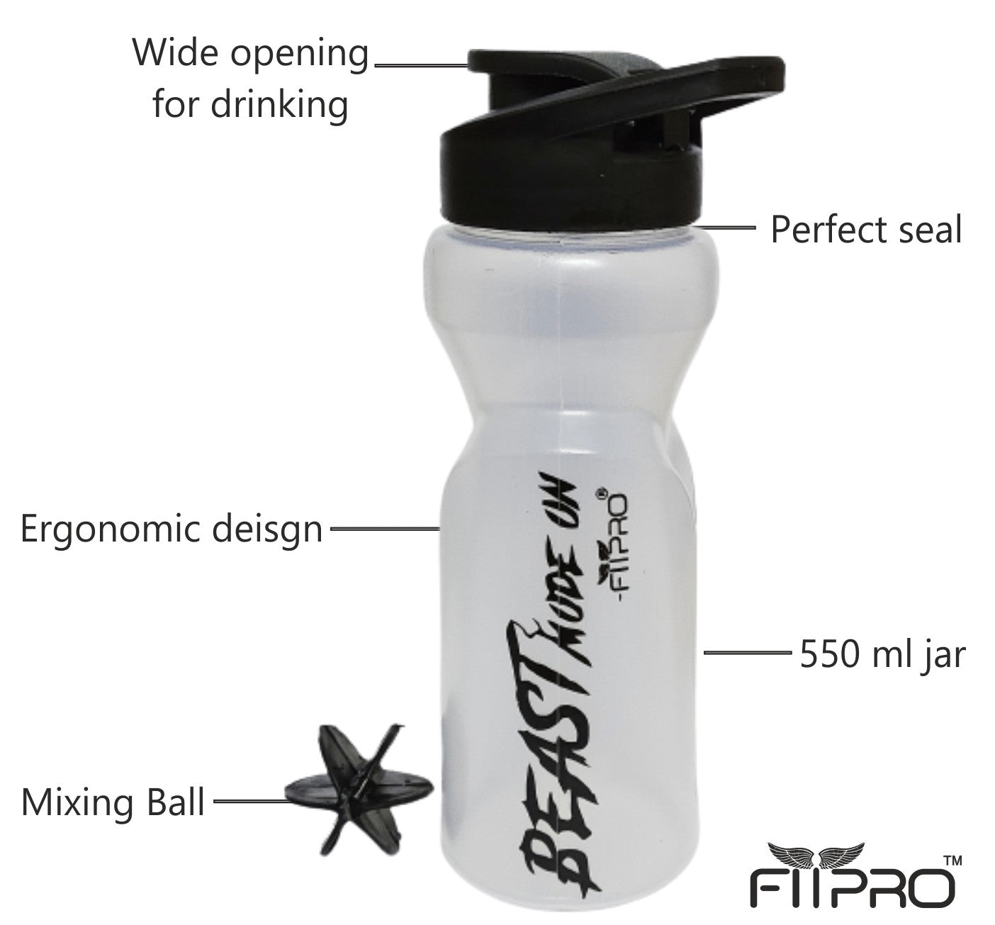 Ivory Sipper Bottle 600ml – Transparent Gym & Cycling Bottle with Black Cap & Mixing Ball