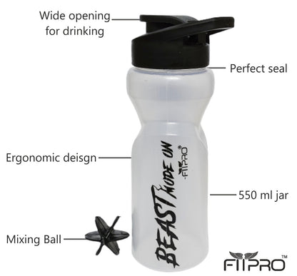 Ivory Sipper Bottle 600ml – Transparent Gym & Cycling Bottle with Black Cap & Mixing Ball