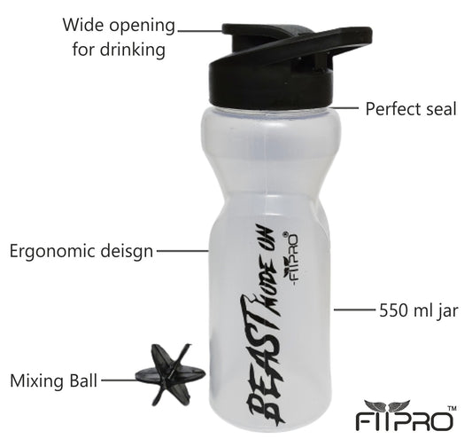 Ivory Sipper Bottle 600ml – Transparent Gym & Cycling Bottle with Black Cap & Mixing Ball