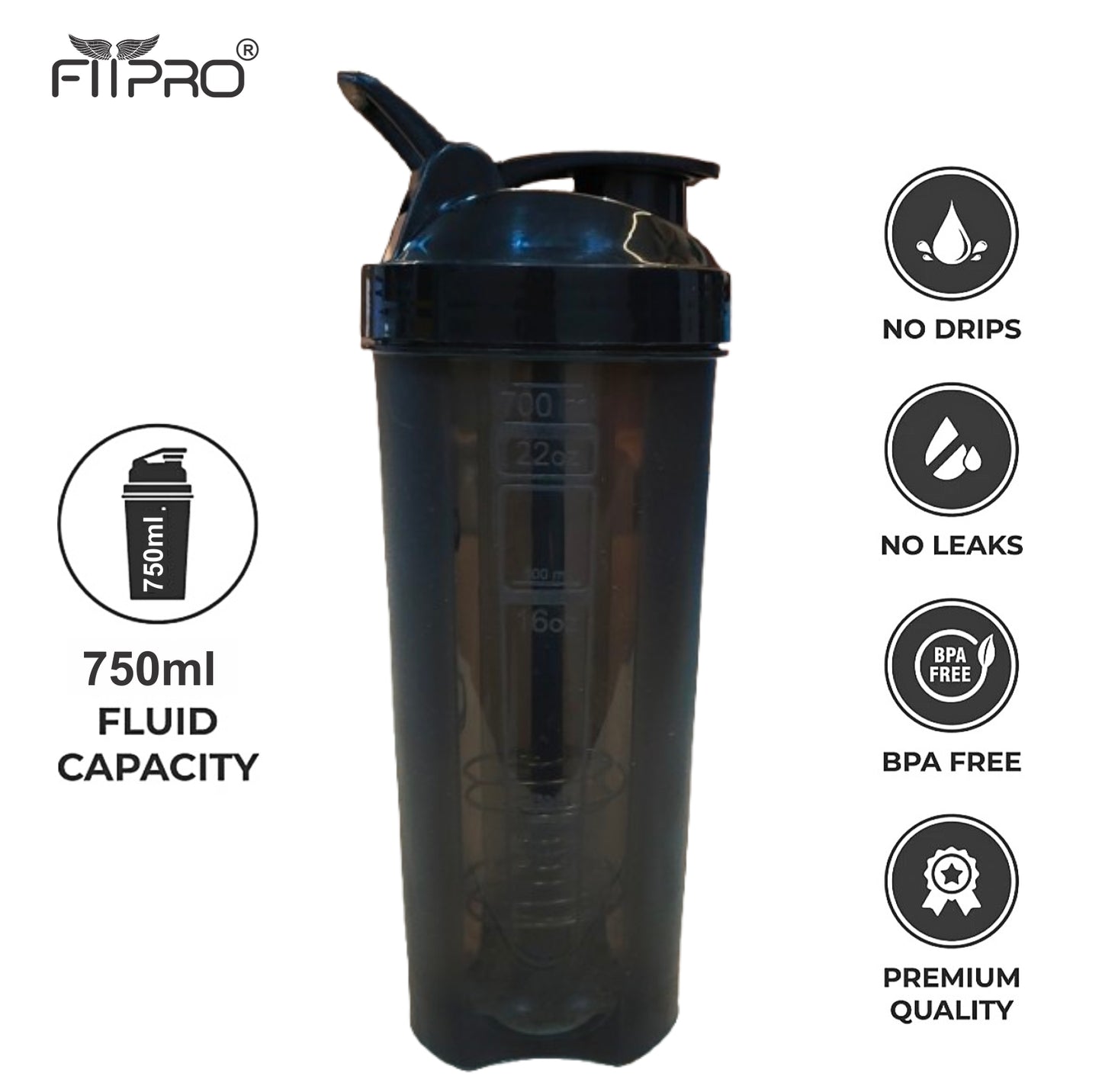 Phantom Shaker Bottle 700ml – Gym Protein Shaker with Mixing Stick & Steel Ball