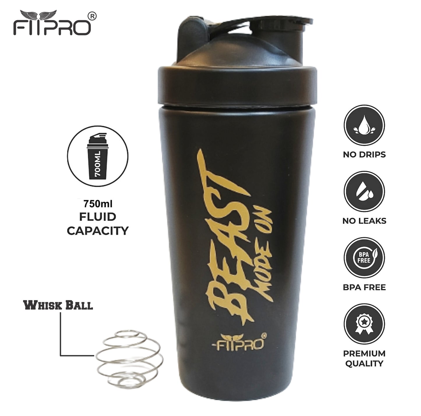 Stainless Steel Shaker Bottle 750ml FITPRO Beast Mode