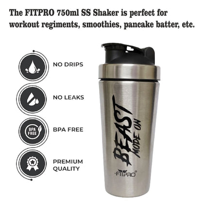 Stainless Steel Shaker Bottle 750ml FITPRO Beast Mode