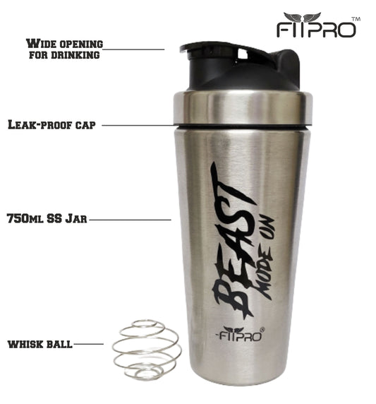 Stainless Steel Shaker Bottle 750ml FITPRO Beast Mode